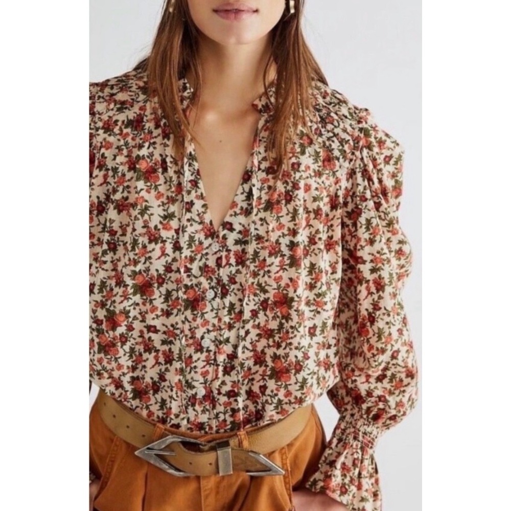 Free People Floral Cotton Button Down Blouse Smocked Puff Sleeve Red Rose Cream